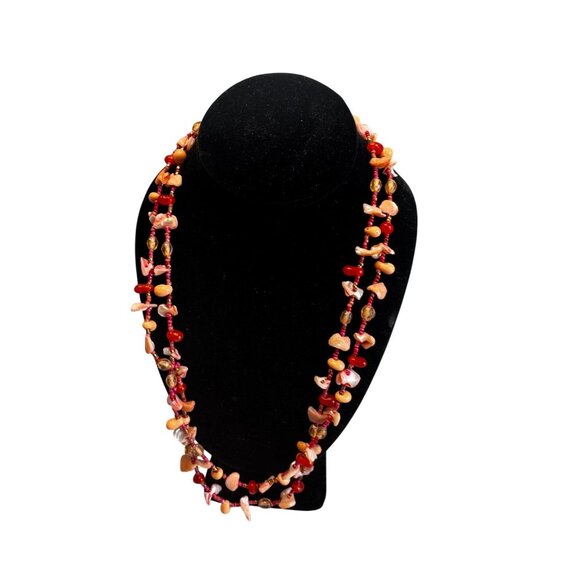 Unknown Jewelry - Vintage Hand Strung Shell Carnelian Agate Long Boho Beach Necklace 48 Inch